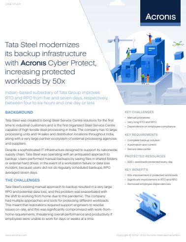 Tata Steel modernizes its backup infrastructure with Acronis Cyber Protect, increasing protected workloads by 50x