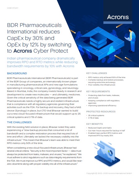 BDR Pharmaceuticals reduces CapEx by 30% and OpEx by 12% with Acronis Cyber Protect